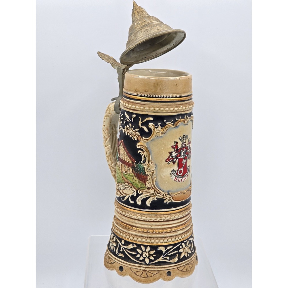 VINTAGE Beck's Beer Stein with Pewter Lid – 1970's Porcelain Ceramic Breweriana